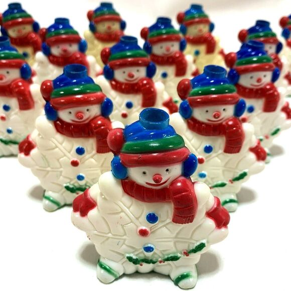15 Vintage Snowman Christmas Light Covers Snowflake 3" tall Blowmold Plastic
